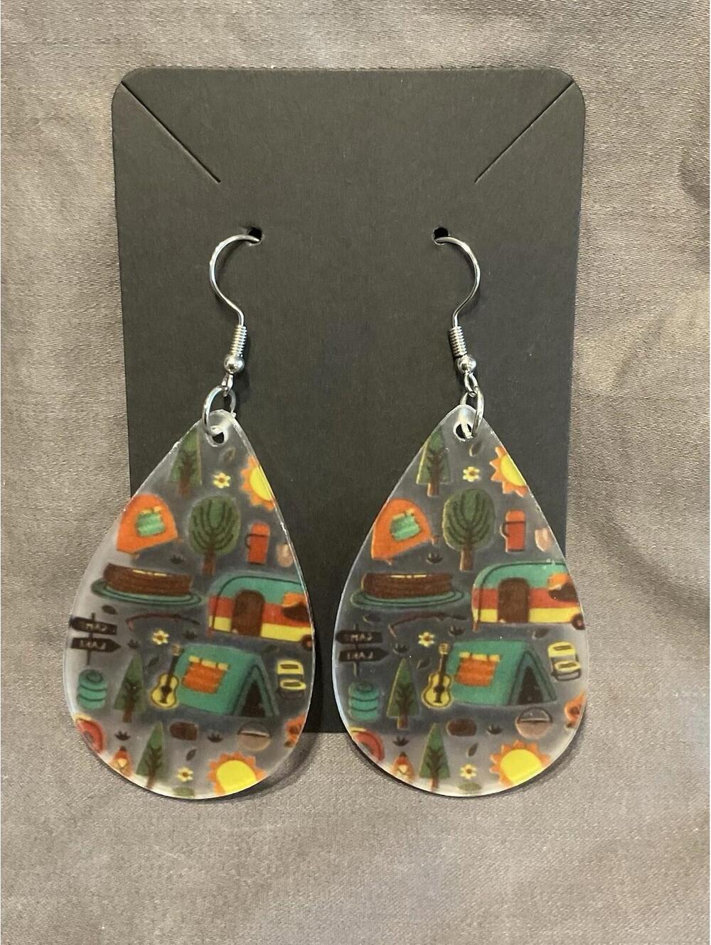 NWOT Tear Drop Plastic Camping Print Earring #1159